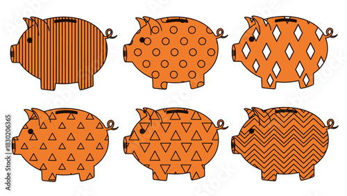 Orange patterned piggy banks on white background represent financial savings, cartoon style