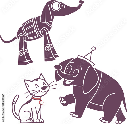 child favorite robotic various cartoon animal silhouette style vector design on white background