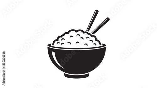 Bowl of rice with chopsticks simple black and white vector illustration isolated on white background