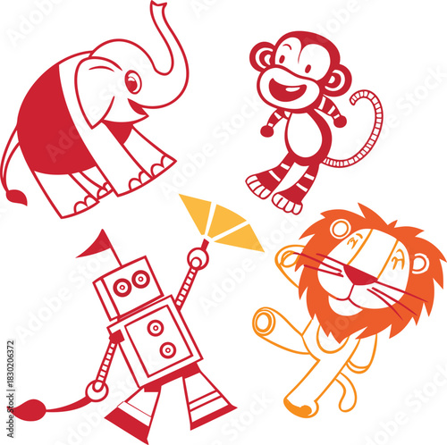child favorite robotic various cartoon animal silhouette style vector design on white background