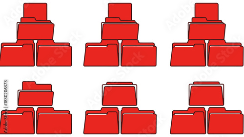 Organized red file folders neatly arranged in pyramid formations for data management