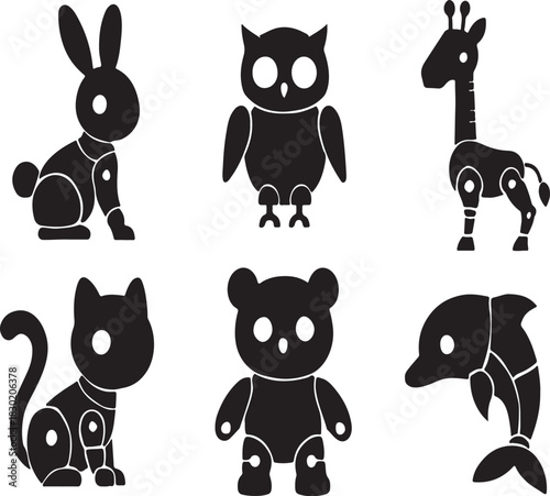 child favorite robotic various cartoon animal silhouette style vector design on white background