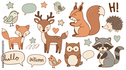 Doodle animal set, collection of adorable illustration characters, spring, birds, deer, squirrel, raccoon, owl. hedgehog isolated on white background.