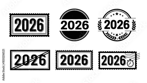 Set of six black stamp icons with the year 2026 in various graphic designs