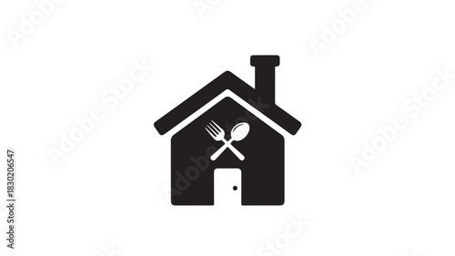 Home restaurant logo simple black and white vector icon with crossed fork and spoon ideal for food delivery and catering services