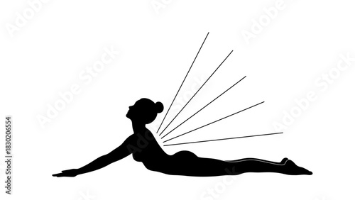 Silhouette of woman practicing yoga with abstract energy radiating from back wellness