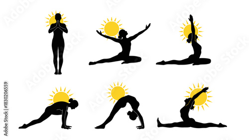 Silhouette yoga poses with sun illustration offering peace and healthy lifestyle tips for