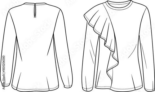 Women's long-sleeve ruffle peplum blouse fashion illustration technical CAD drawing with cascading diagonal detail flat vector template, front and back.