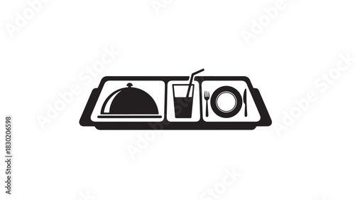 Food tray icon vector illustration of a meal service with drink plate and covered dish isolated on white background