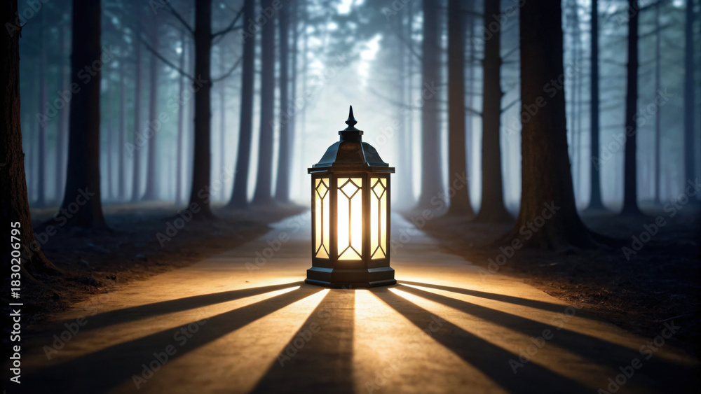 Naklejka premium Christmas lantern glows in dark forest creating weird and scary atmosphere with mysterious shadows and enchanting light