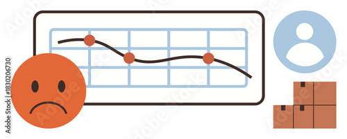 Downward trend graph with points, sad face, user profile, and boxes. Ideal for business loss, poor performance, market analysis, financial crisis, inventory issues strategy planning simple flat