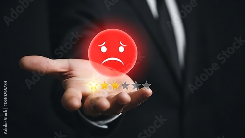 Glowing red sad face emoji and a single star rating in hand, symbolizing profound customer dissatisfaction, poor service, and negative feedback for a bad experience