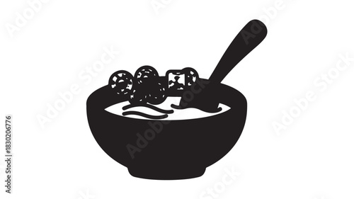 Cereal bowl with berries and spoon simple black and white vector illustration isolated on white background