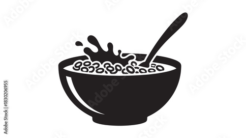 Cereal bowl with spoon and splash simple black vector illustration for breakfast concept isolated on white background