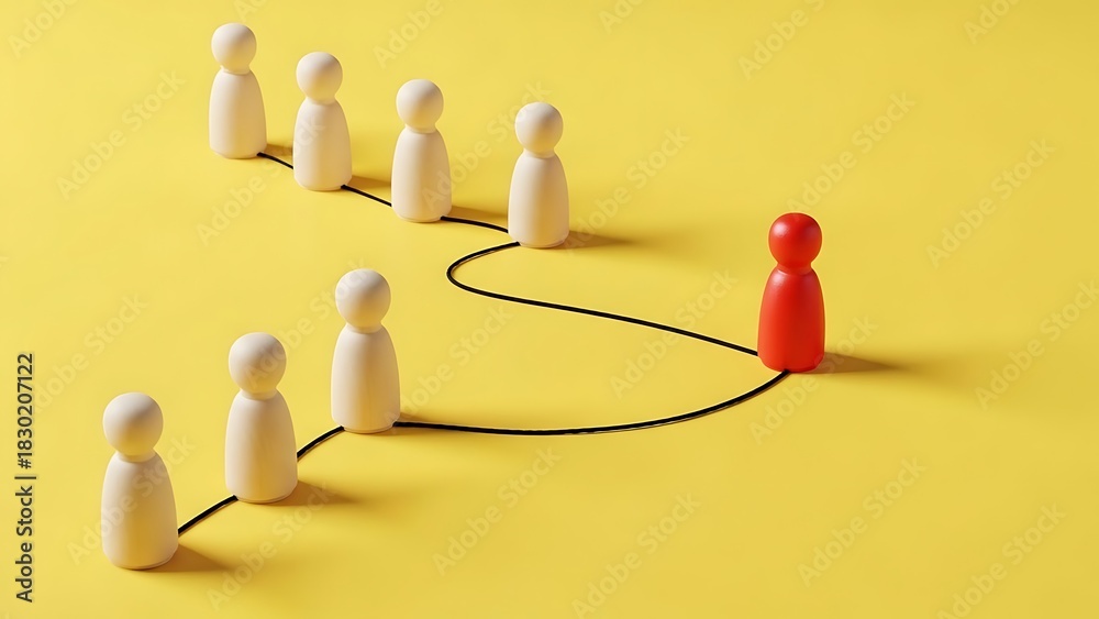 Obraz premium A group of white figurines following a red leader figure along a winding path on a yellow background