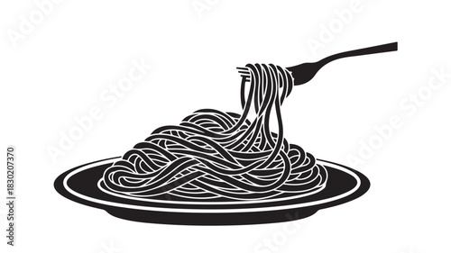 Black and white spaghetti on a plate with a fork minimalist vector illustration for restaurant menus and food blogs isolated on white