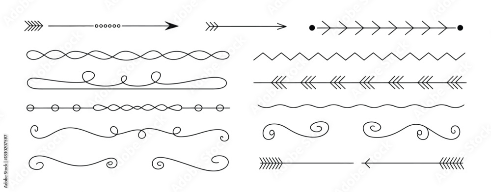 Fototapeta premium Hand drawn doodle line dividers and arrow icons, decorative borders, swirls, underlines, sketch style