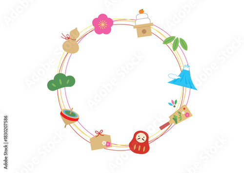 お正月のカラフルな縁起物円形フレーム