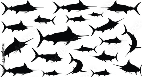 A dynamic school of marlin and swordfish silhouettes in various swimming poses, illustrating marine life, deep-sea fishing, speed, and ocean predator movement.