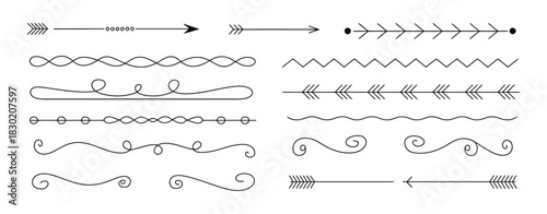 Hand drawn doodle line dividers and arrow icons, decorative borders, swirls, underlines, sketch style