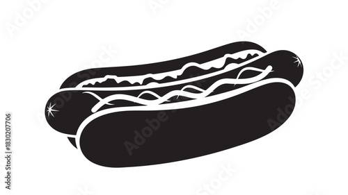 Hot dog silhouette with mustard and ketchup simple vector illustration for fast food menus isolated on white background