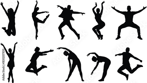 Dynamic Black Silhouettes Set of Jumping, Dancing, and Fitness Poses Representing Active Lifestyle, Energy, and Freedom, Vector Graphics Collection