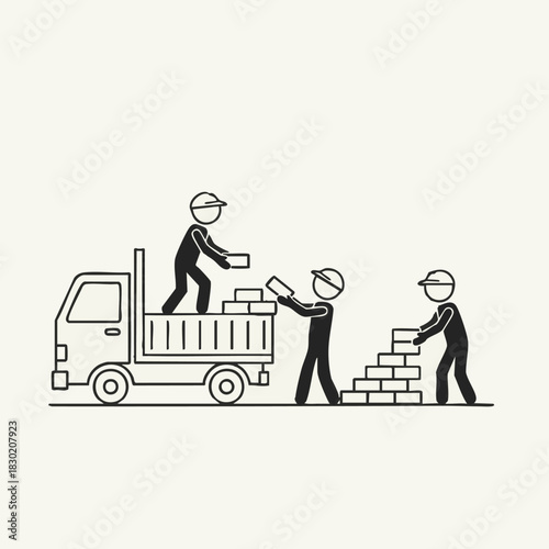 Construction workers collaboratively build a brick wall and load a truck with bricks, symbolizing teamwork and the building process.