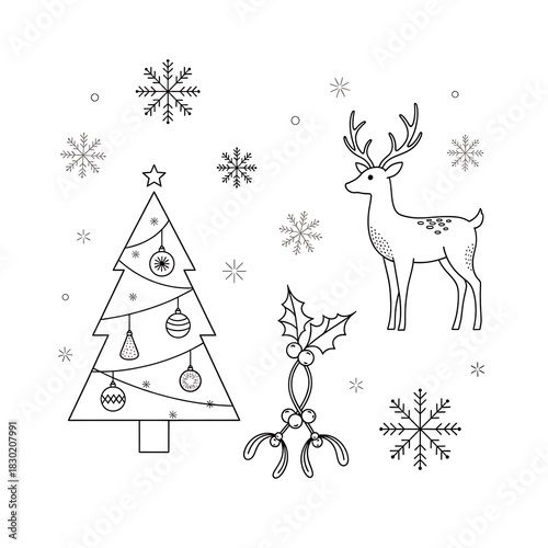 Minimalist Christmas and Winter Line Art Set with Deer, Tree, and Snowflakes