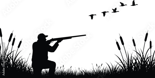 Duck hunting silhouette, hunter with shotgun, marshland grass scene, flying ducks illustration, outdoor wildlife sport, waterfowl hunting design, black and white artwork