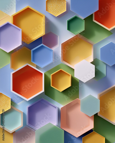 Free Download Colorful Hexagon Abstraction: A vibrant arrangement of multi-colored hexagon forms creating a captivating abstract composition. Each hexagon is artfully layered, resulting in interplay of color. - GFXLoad