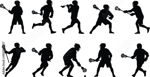 Lacrosse Players Silhouettes Collection, Male Athletes in Action Poses Running, Passing, and Shooting with Sticks and Ball, Isolated Vector Graphics