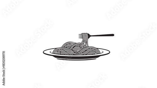 Illustration of spaghetti on a plate with a fork simple black and white vector design perfect for menu design and food-related graphics