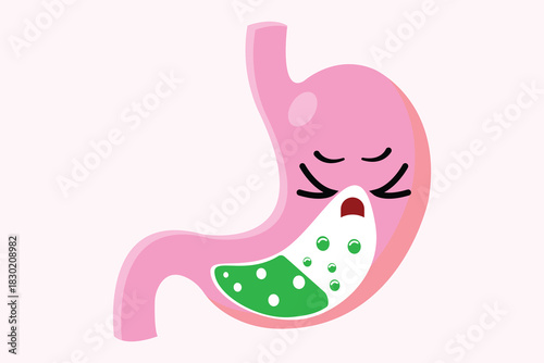 Cartoon stomach with indigestion expression and bubbly acid inside, health concept illustration.