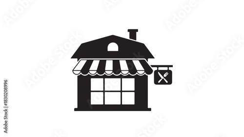 Black and white restaurant icon simple vector illustration of a building with awning isolated on white background