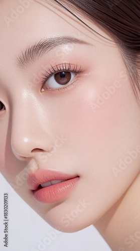 透き通るような美肌と長いまつげが印象的な女性の横顔