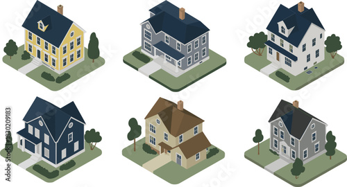 Isometric illustration set of suburban residential houses showing modern home designs, neighborhood architecture, colorful property exteriors and detailed 3D real estate visuals