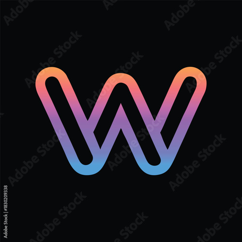 Stylized Letter W Logo with Gradient Outline, Interwoven Letter W on Black Background, Abstract Monogram W in Neon/Vaporwave Colors, W Outline Icon, w.