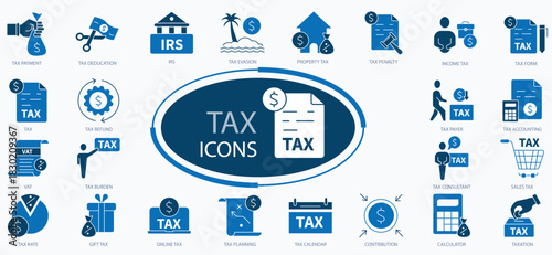 Finance and Tax Vector Icon Set. Money, Banking, and Investment Symbols, Business and Accounting Icon Collection. Credit, Payment, Budget, and Profit, Financial Management Illustration Pack.