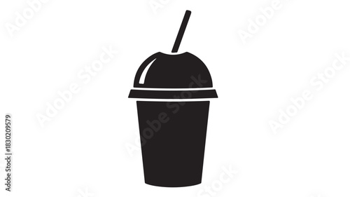 Black silhouette of a disposable cup with dome lid and straw simple vector icon for fast food and beverage concepts isolated on white