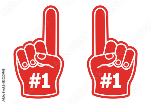 Two Red Foam Finger Hands Pointing Up Celebrating Achieving The First Place