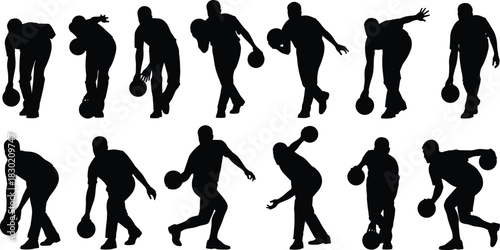 Dynamic bowling player silhouette collection featuring diverse action poses, sports movement, athletic performance, game moments, competitive bowling, and recreational activity design.