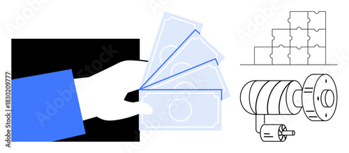 Financial concept. A hand holding money financial transactions. Puzzle pieces and mechanical gears problem-solving, mechanics, and engineering. Ideal for finance, industry, and innovation. finance