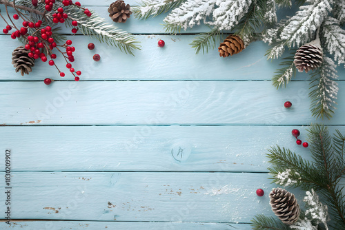 Winter holiday scene with pine branches berries and pinecones against blue wood background 