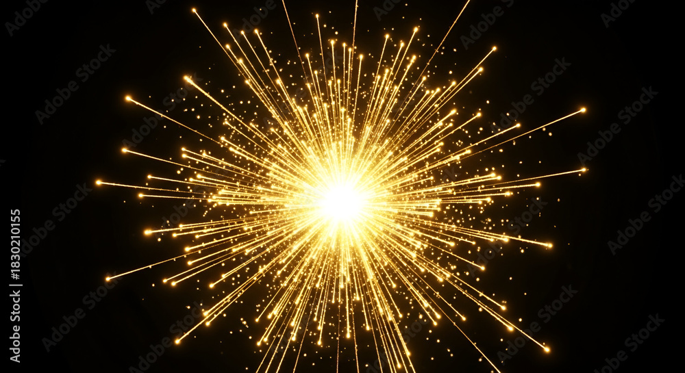 Obraz premium Abstract golden light burst on black background symbolizing explosion and energy