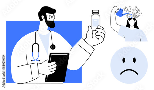 Mental health concept. A doctor with medicine highlights mental health support. Mental health care combines professional medical advice and self-care techniques. For healthcare, therapy, emotions