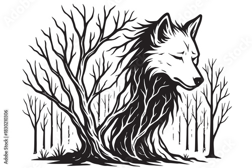 A black and white vector illustrates forest trees arranged in a way that forms the shape of a wolf’s head, blending natural silhouettes with bold artistic design to create a striking, mysterious image