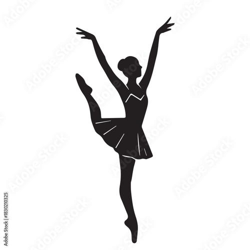 A minimalist vector silhouette of a ballerina lifting onto tiptoe, formed with smooth flowing contours that emphasize her serene balance, delicate posture, and the timeless grace of dance.