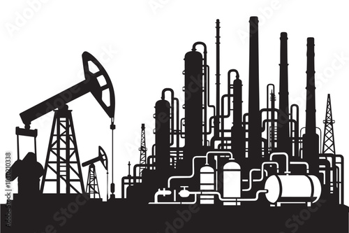 A clean silhouette vector of an oil extraction area displaying pump jacks and essential mining elements in simplified shapes that convey industrial strength and the rugged environment of oil operation