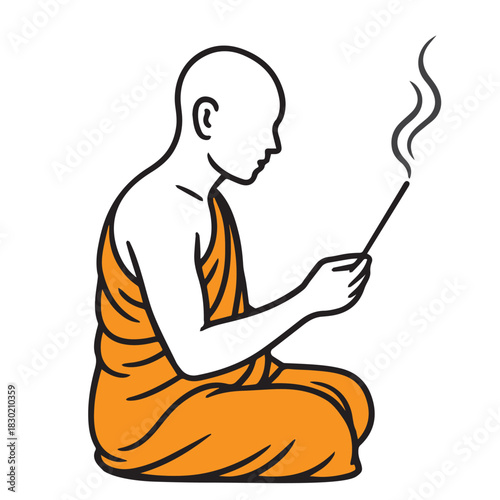 A minimalist vector illustration of a monk praying in peaceful stillness, drawn with clean lines and simple contours that highlight calm reflection and spiritual focus in a serene atmosphere.