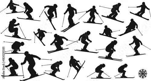Dynamic skier silhouette collection showing various downhill skiing movements, winter sports action poses, outdoor snow activity illustrations for adventure and seasonal graphic design projects